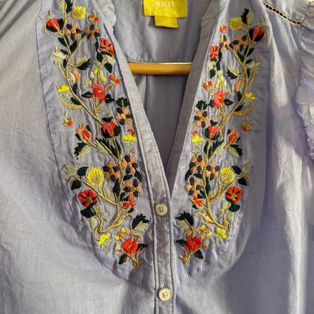 MAEVE | Anthropologie Threadbloom Blue ruffle Sleeve Embroidered Blouse | 2 - Picture 4 of 8